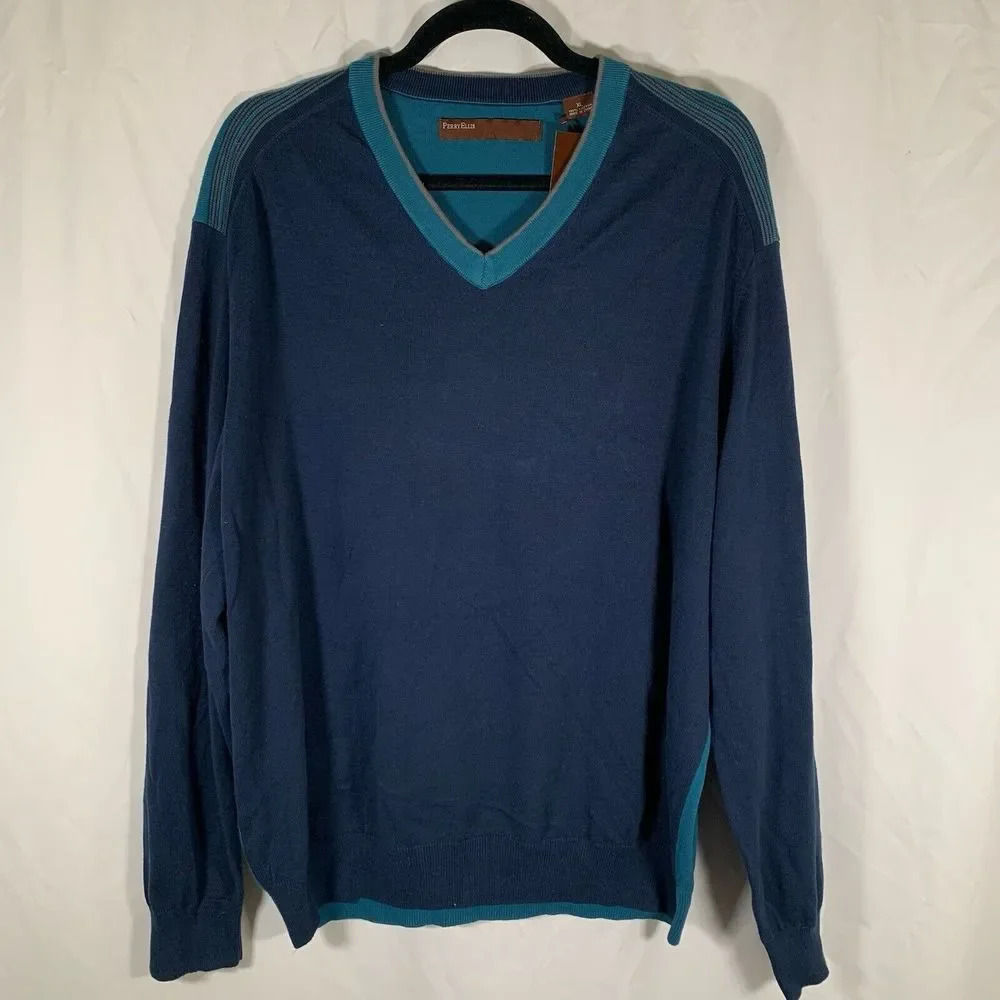 Perry Ellis Sweater Mens XL Blue V-neck Long Sleeve Pullover 100% Cotton